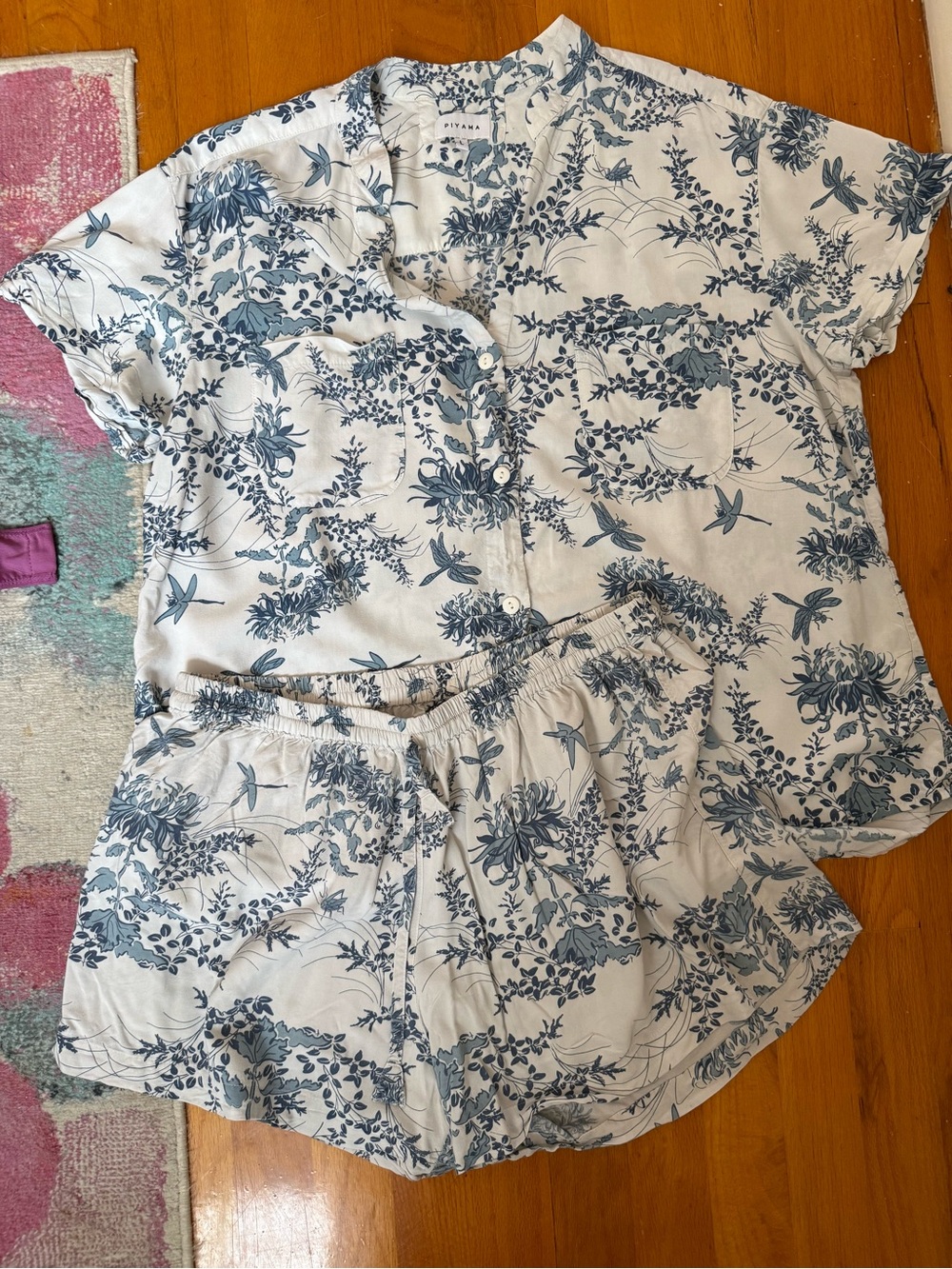 Piyama Light Blue Floral Elastic-Waist Sleep Shorts
